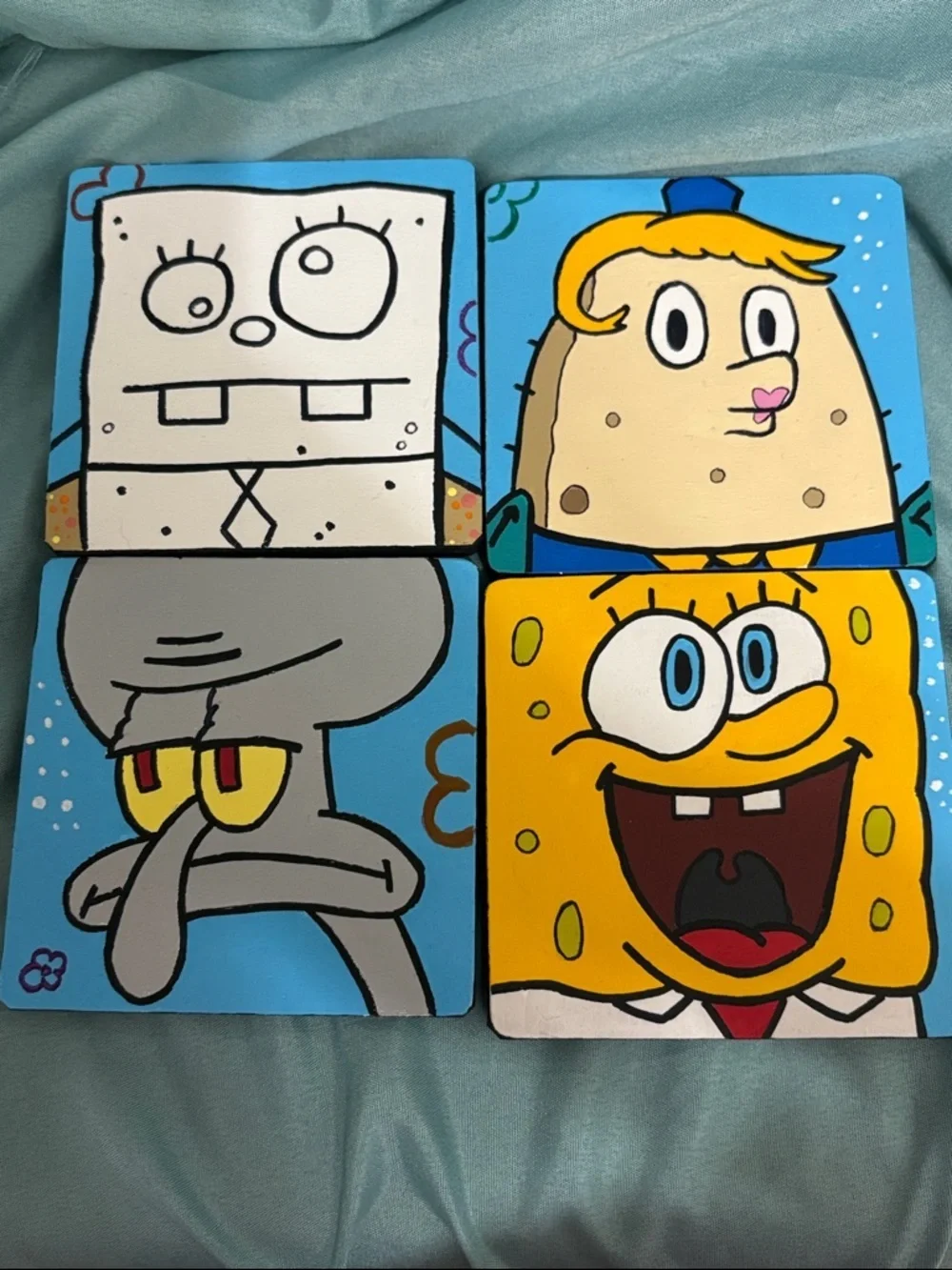 SpongeBob Coasters Set-SpongeBob, Squidward, Mrs Puff, DoodleBob Hand Crafted